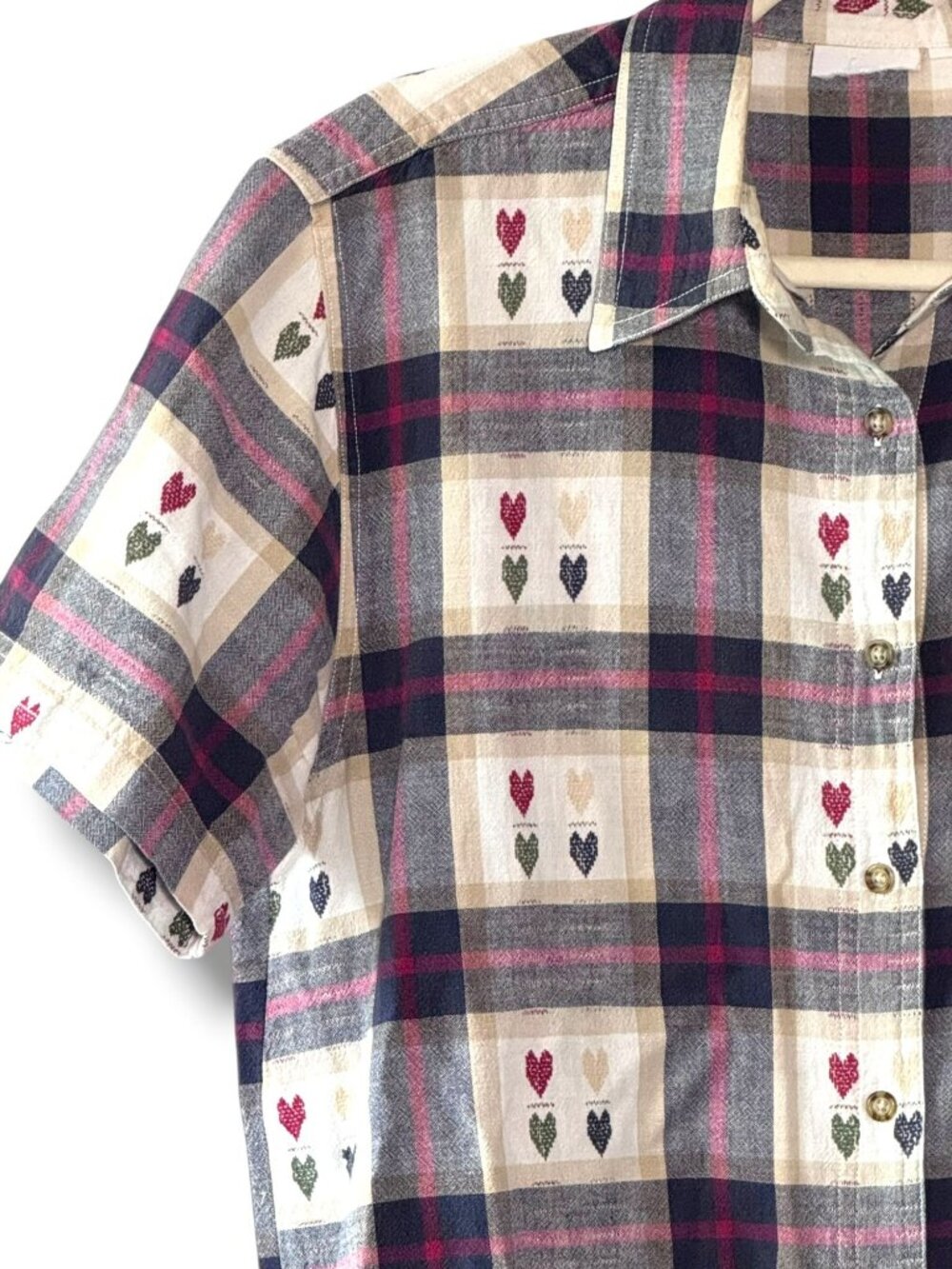 Vintage 80s Plaid Woven Hearts Cotton Short Sleeve Shirt Button Front - M - Picture 3 of 14